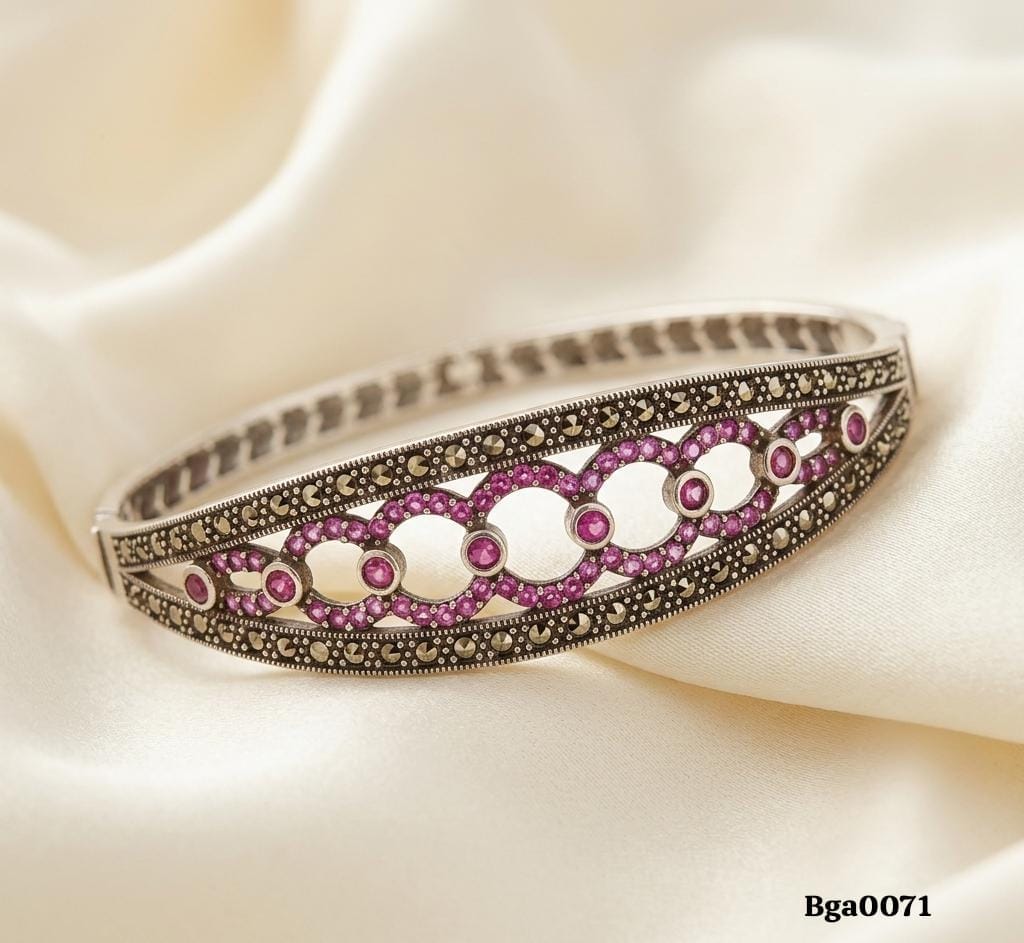 Pink Stone and Marcasite Filigree Bangle