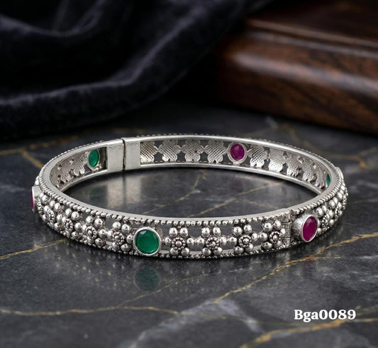 Floral Pattern Bangle with Colored Stones
