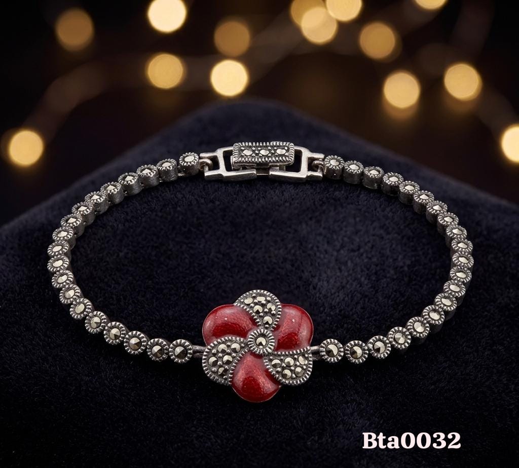 Elegant Floral Red Gemstone Marcasite Bracelet