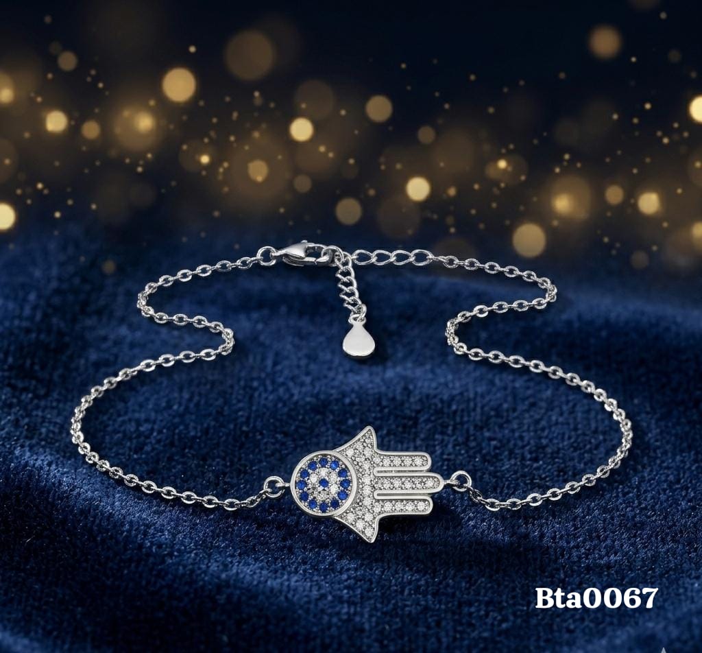 Hamsa Hand Blue-Stone Eye Sterling Silver Bracelet