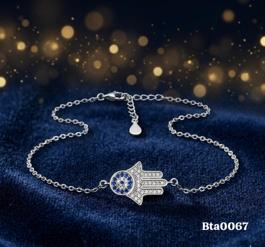 Hamsa Hand Blue-Stone Eye Sterling Silver Bracelet