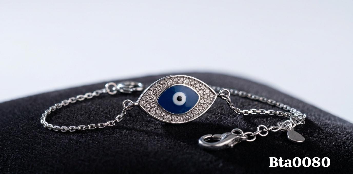 Elegant CZ Pave Navy Evil Eye Bracelet with Lobster Clasp Extender