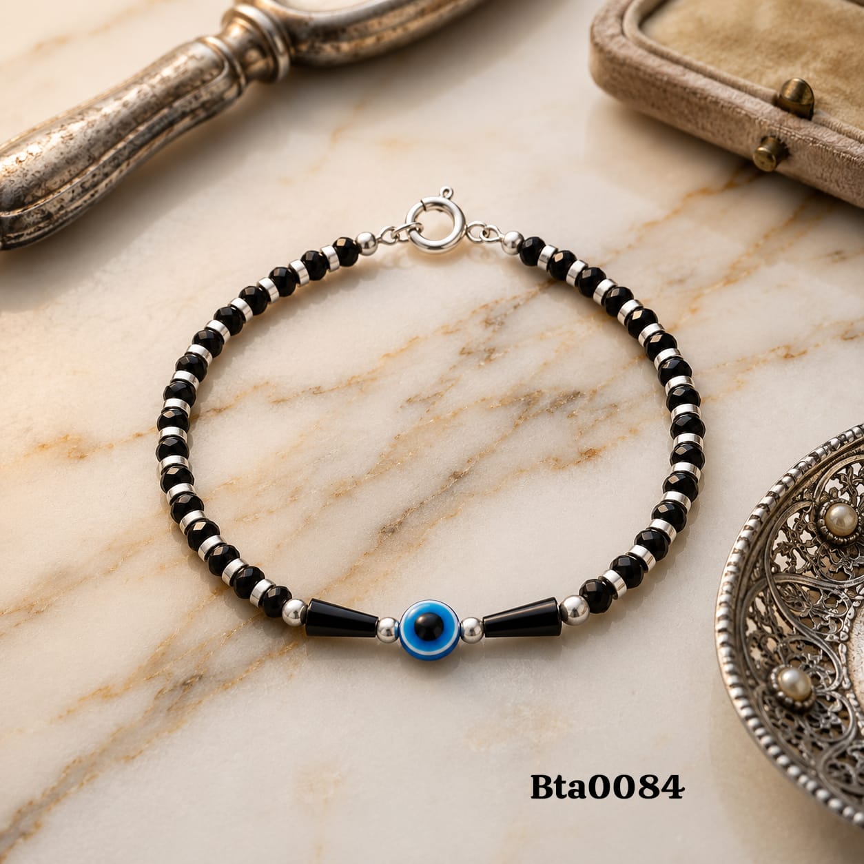 Elegant Sterling Silver, Black Bead & Evil Eye Bracelet