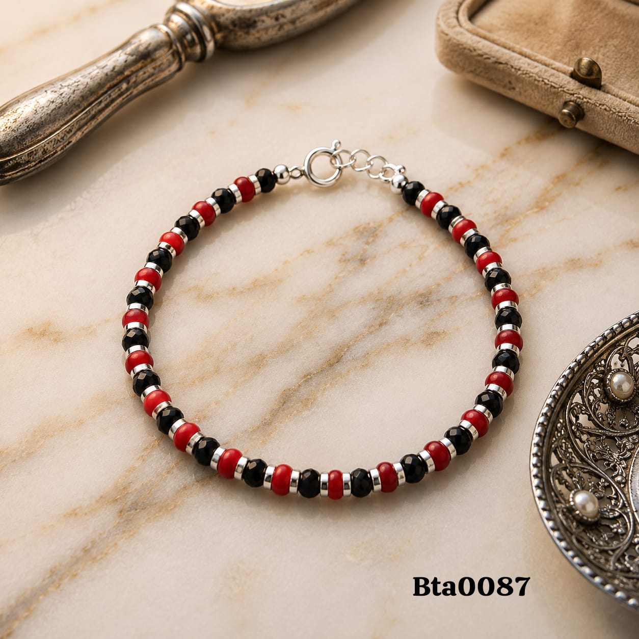 Elegant Sterling Silver, Black & Red Bead Bracelet