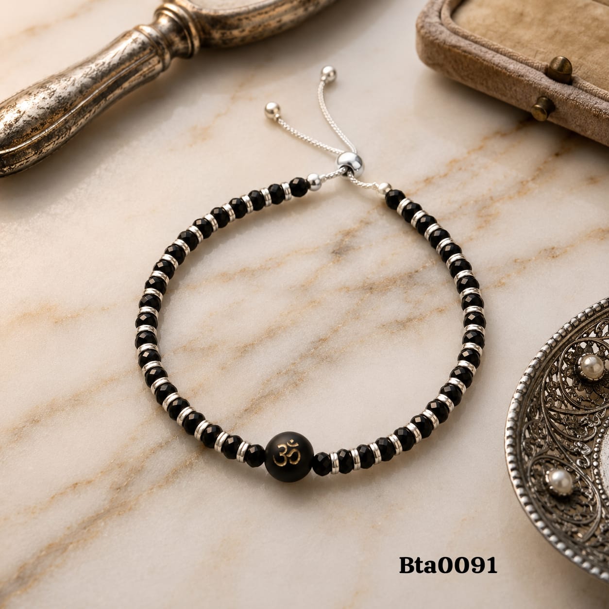Adjustable Sterling Silver & Black Bead Bracelet - Om Symbol