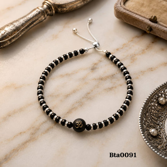 Adjustable Sterling Silver & Black Bead Bracelet - Om Symbol