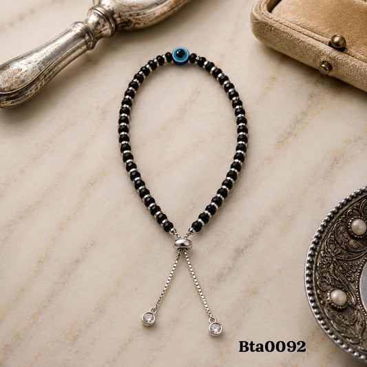 Adjustable Sterling Silver, Black Bead & Evil Eye Bracelet