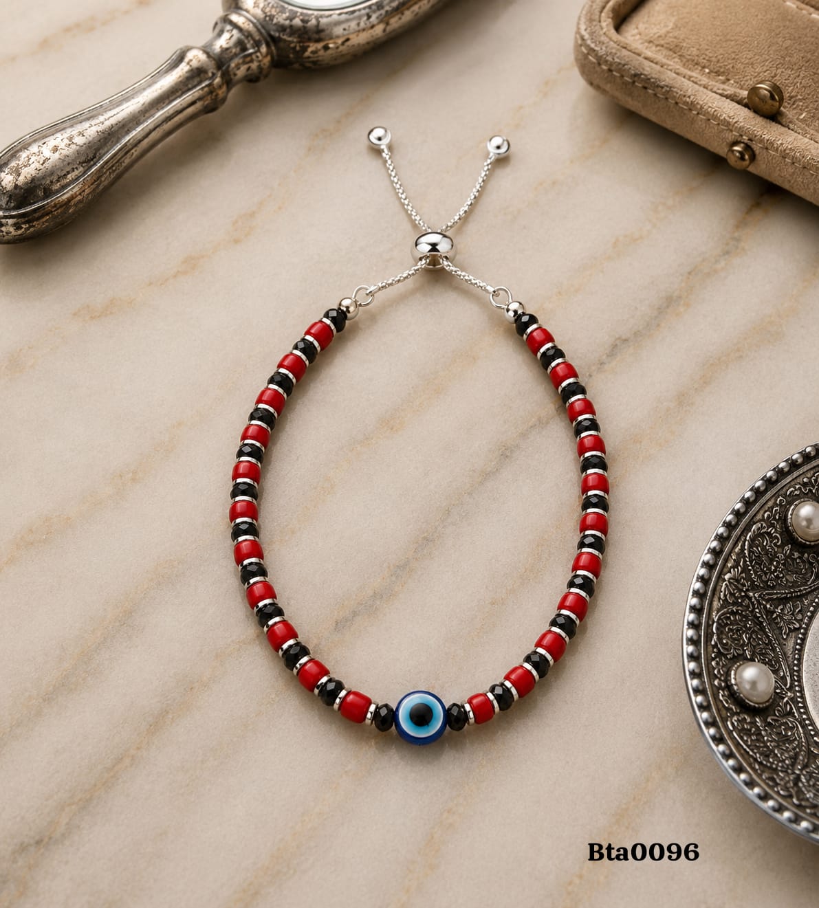 Adjustable Sterling Silver, Black & Red Bead Bracelet with Evil Eye