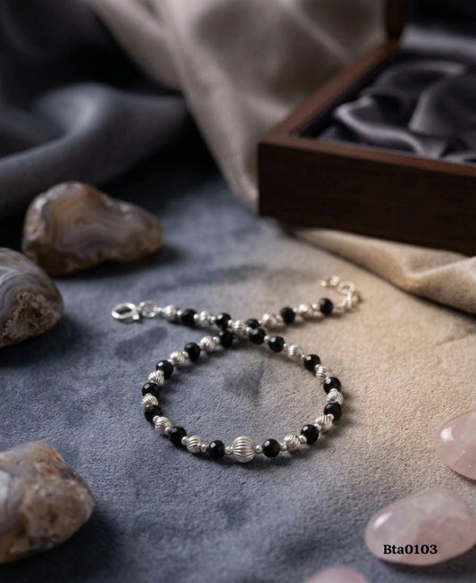 Black Bead & Textured Silver Ball Bracelet
