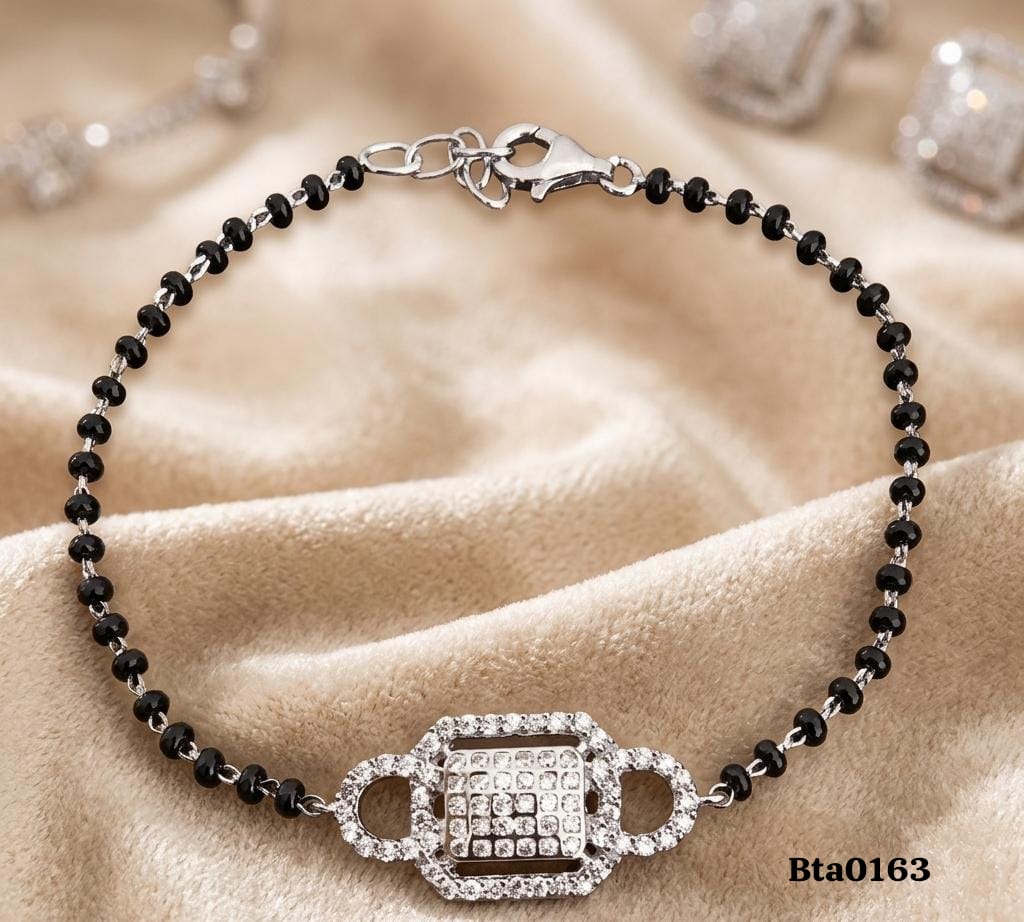 Elegant Square Stone Centerpiece Black Bead Sterling Silver Bracelet