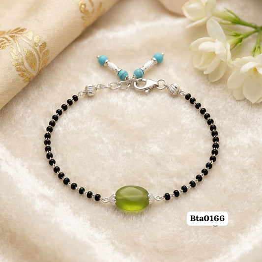 Elegant Light Green Stone Centerpiece Black Bead Sterling Silver Bracelet