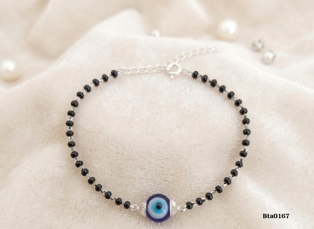 Elegant Evil Eye Charm Black Bead Sterling Silver Bracelet