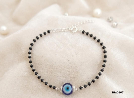 Elegant Evil Eye Charm Black Bead Sterling Silver Bracelet