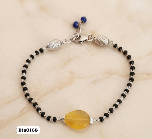 Elegant Yellow Stone Centerpiece Black Bead Sterling Silver Bracelet