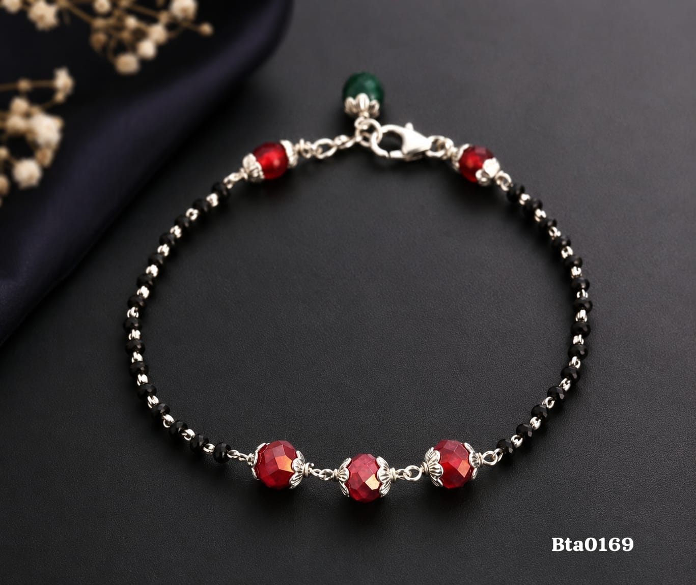 Elegant Faceted Red Bead Accent Black Bead Sterling Silver Bracelet