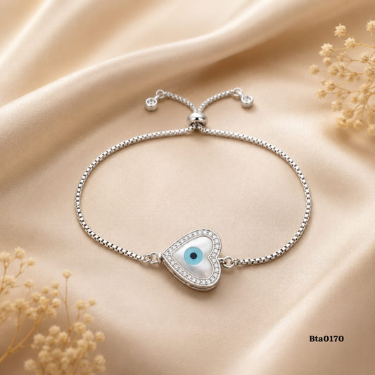 Elegant Heart-Shaped Evil Eye Sterling Silver Slider Bracelet