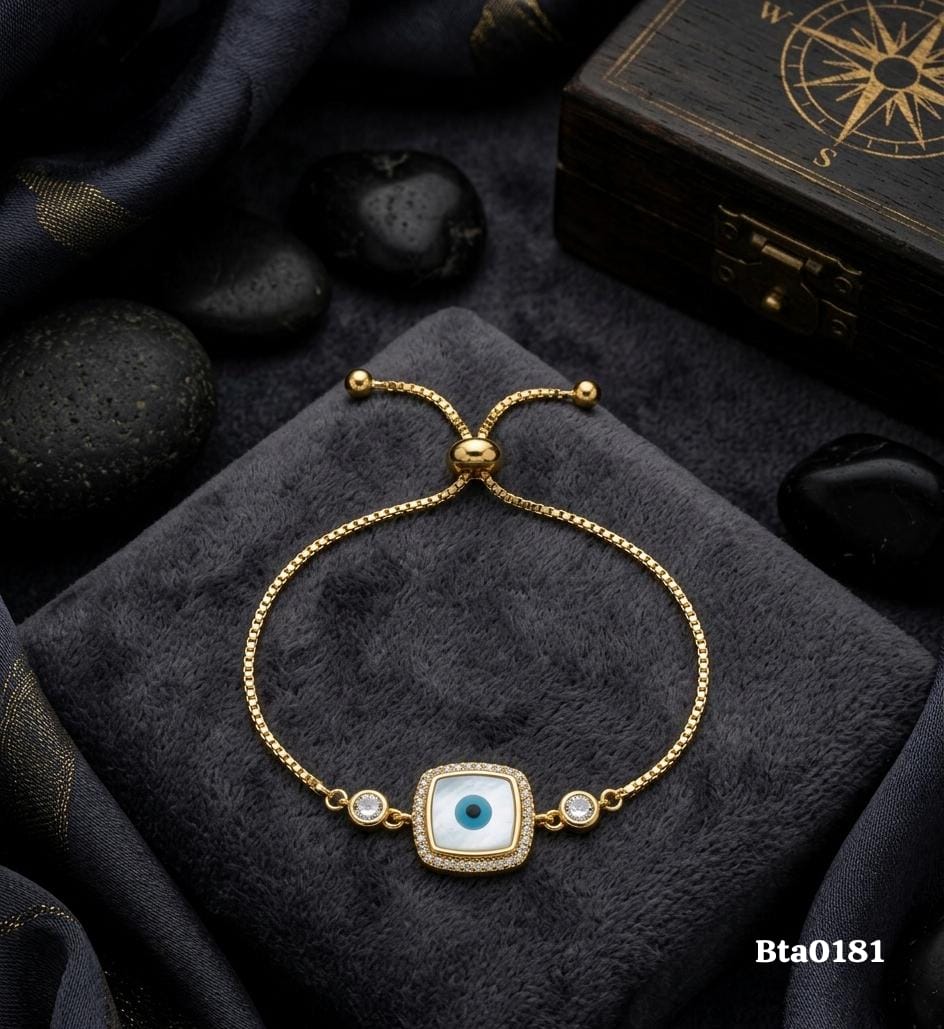 Elegant Gold-Polished Square Evil Eye Charm with Side Stones Bracelet