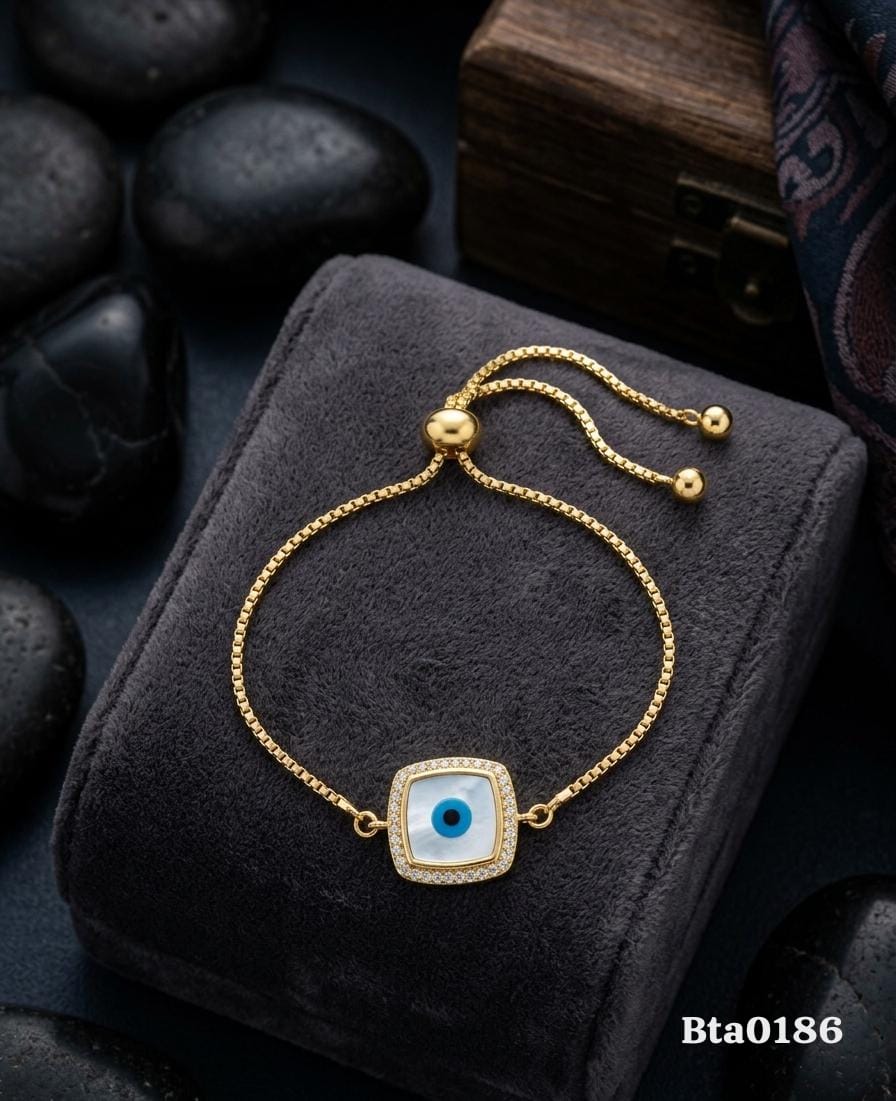 Elegant Gold-Polished Square Evil Eye Charm Bracelet