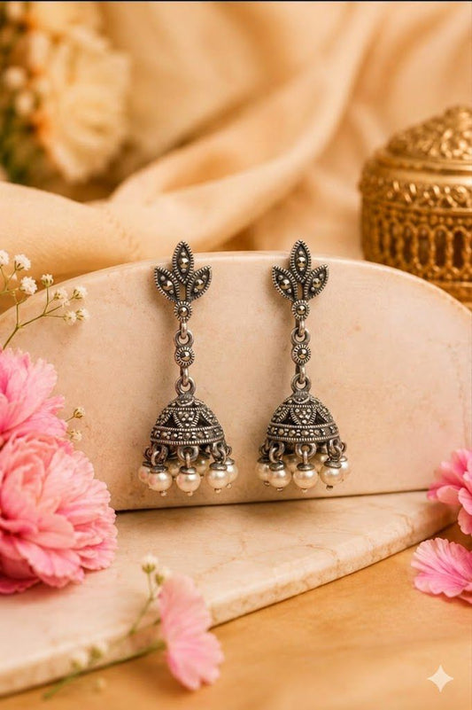 Vintage Marcassite Pearl Silver Jhumki