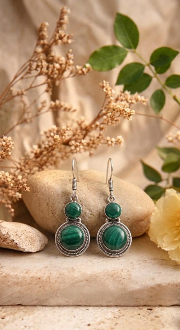 Silver Malachite Double Round Earrings