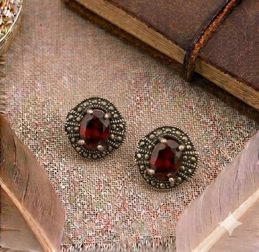 Sterling Silver Garnet & Marcasite Studs