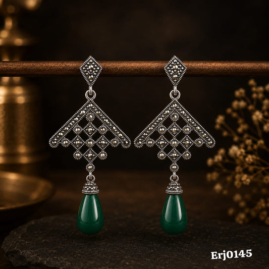Marcasite and Green Teardrop Drop Earrings
