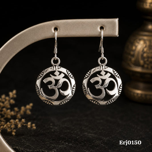 Silver Om Symbol Hammered Disc Drop Earrings