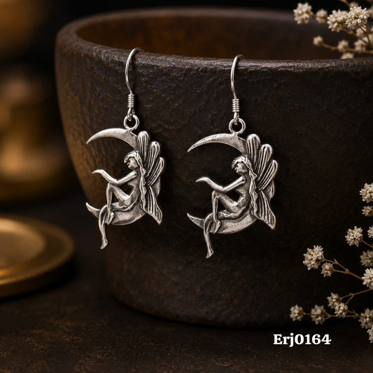 Fairy on Crescent Moon Dangle Earrings