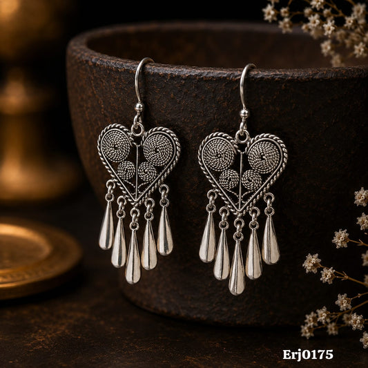Silver Filigree Coil Heart with Teardrop Tassel Earrings