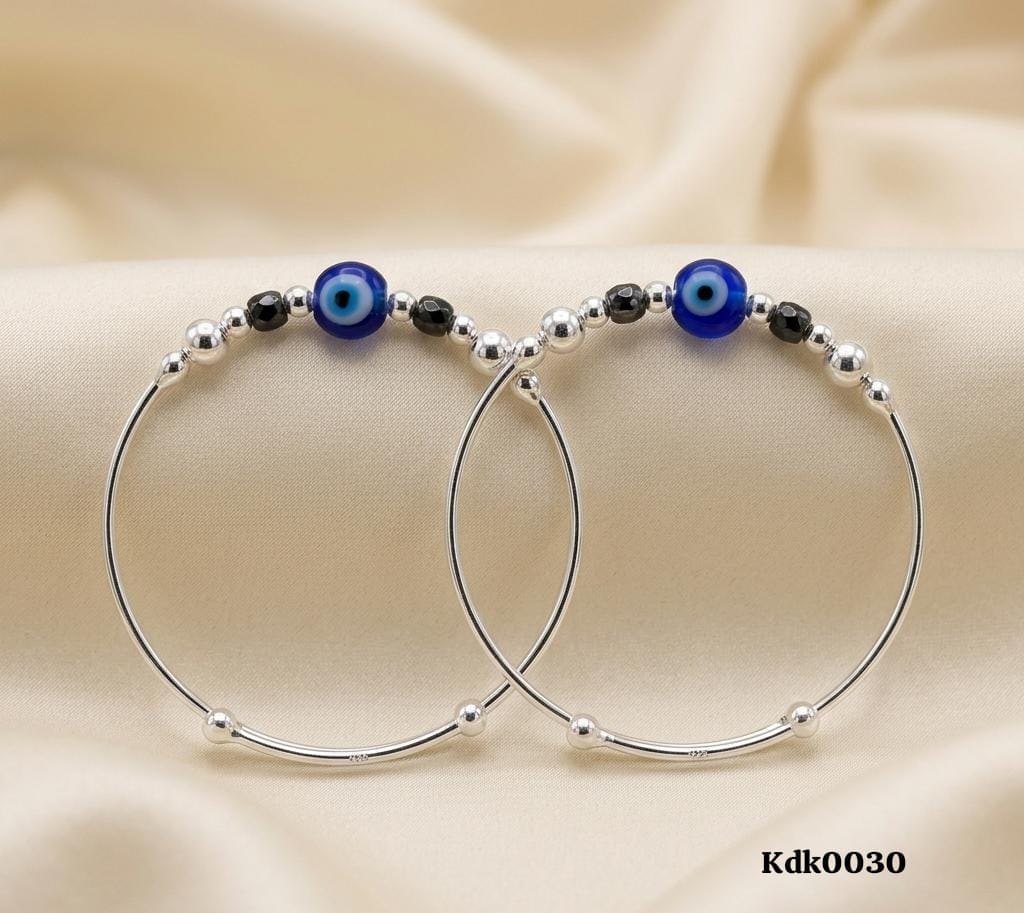 Evil Eye and Black Bead Charm 92.5 Sterling Silver Kada Set