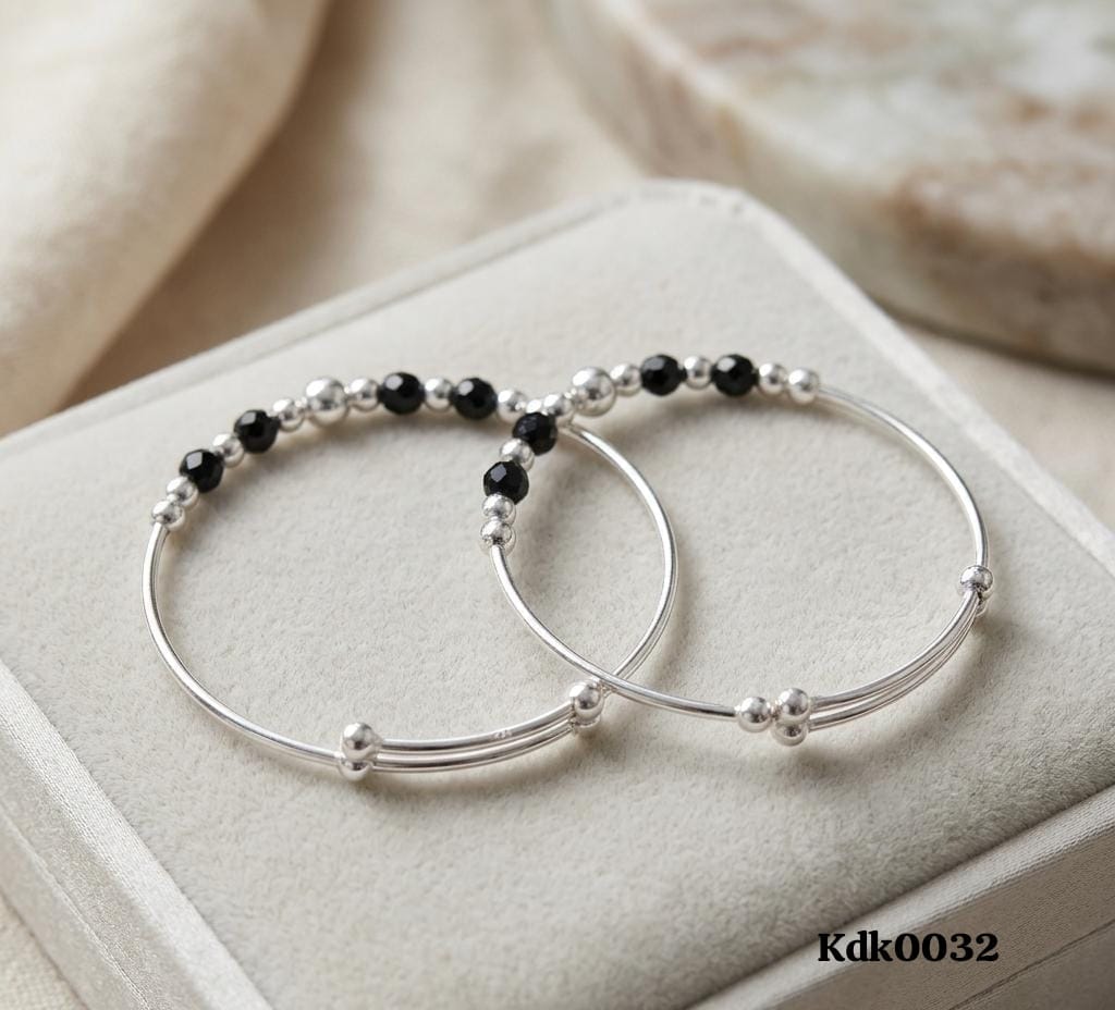 Beaded Charm 92.5 Sterling Silver Kada Set – Black & Silver Beads