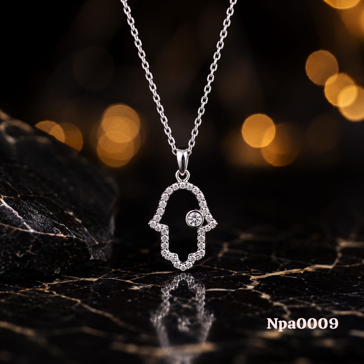 CZ Outline Hamsa with Bezel Center Stone Necklace