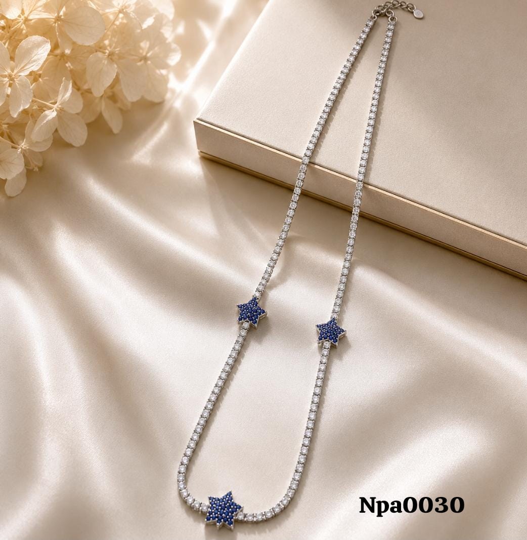 CZ Tennis Necklace with Blue Star Charms (Long)