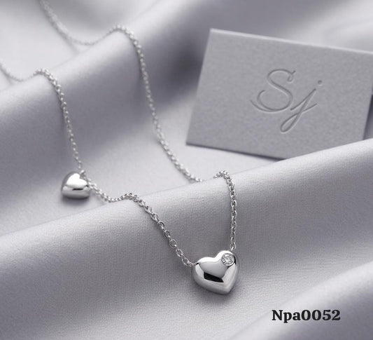 Double Puffed Heart Charm Necklace with CZ Accent