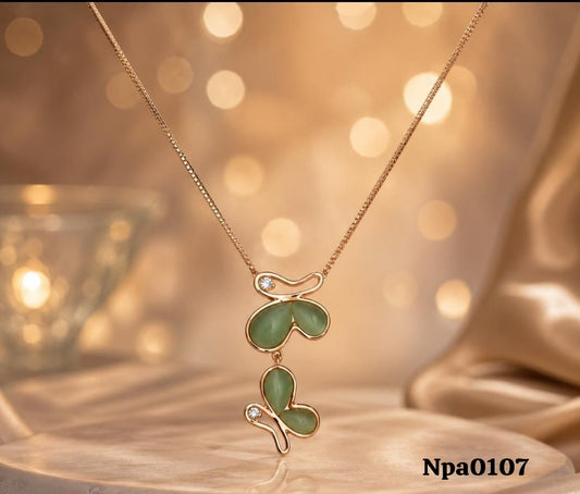 Gold Double Butterfly Pendant with Mint Jade Stones Necklace