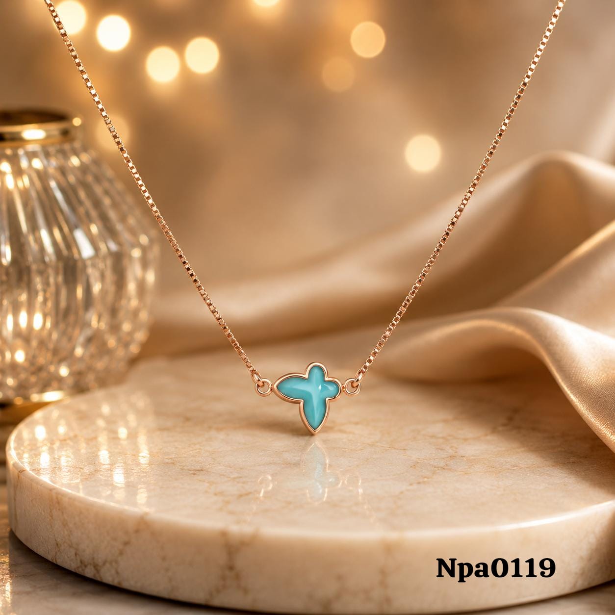 Turquoise Quatrefoil Station Necklace on Rose Gold Chain