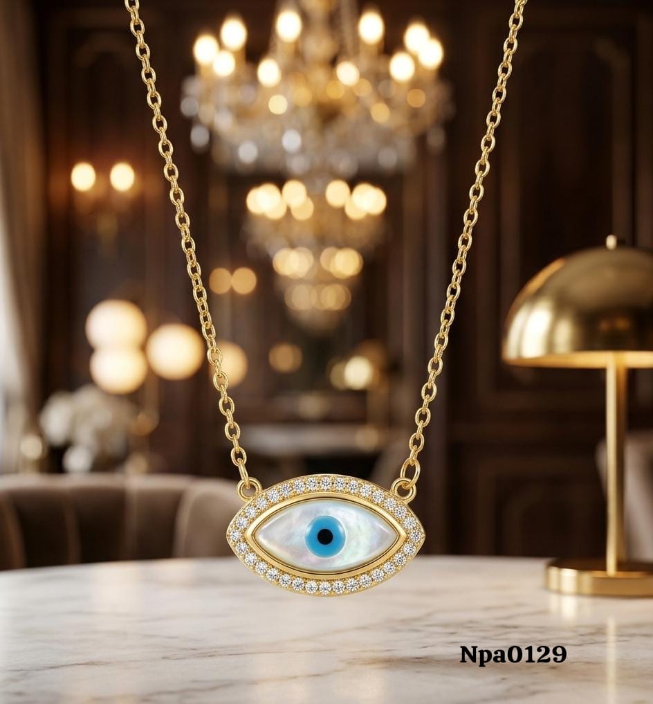 Gold CZ Oval Evil Eye MOP Necklace