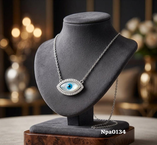 Silver CZ Oval Evil Eye MOP Necklace (Large)