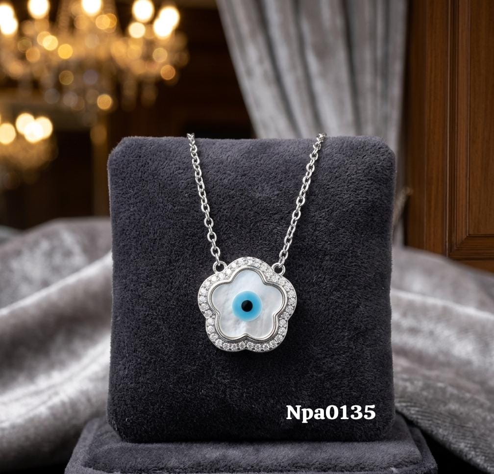 Silver CZ Flower Evil Eye MOP Necklace