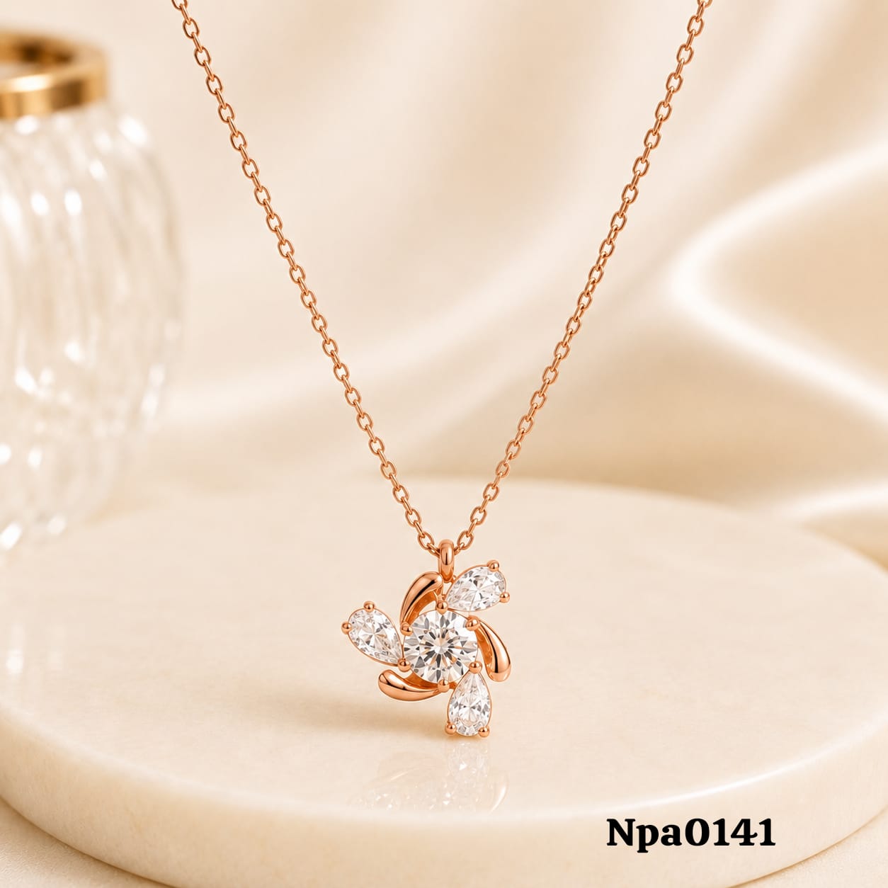 Rose Gold CZ Pinwheel Flower Pendant Necklace