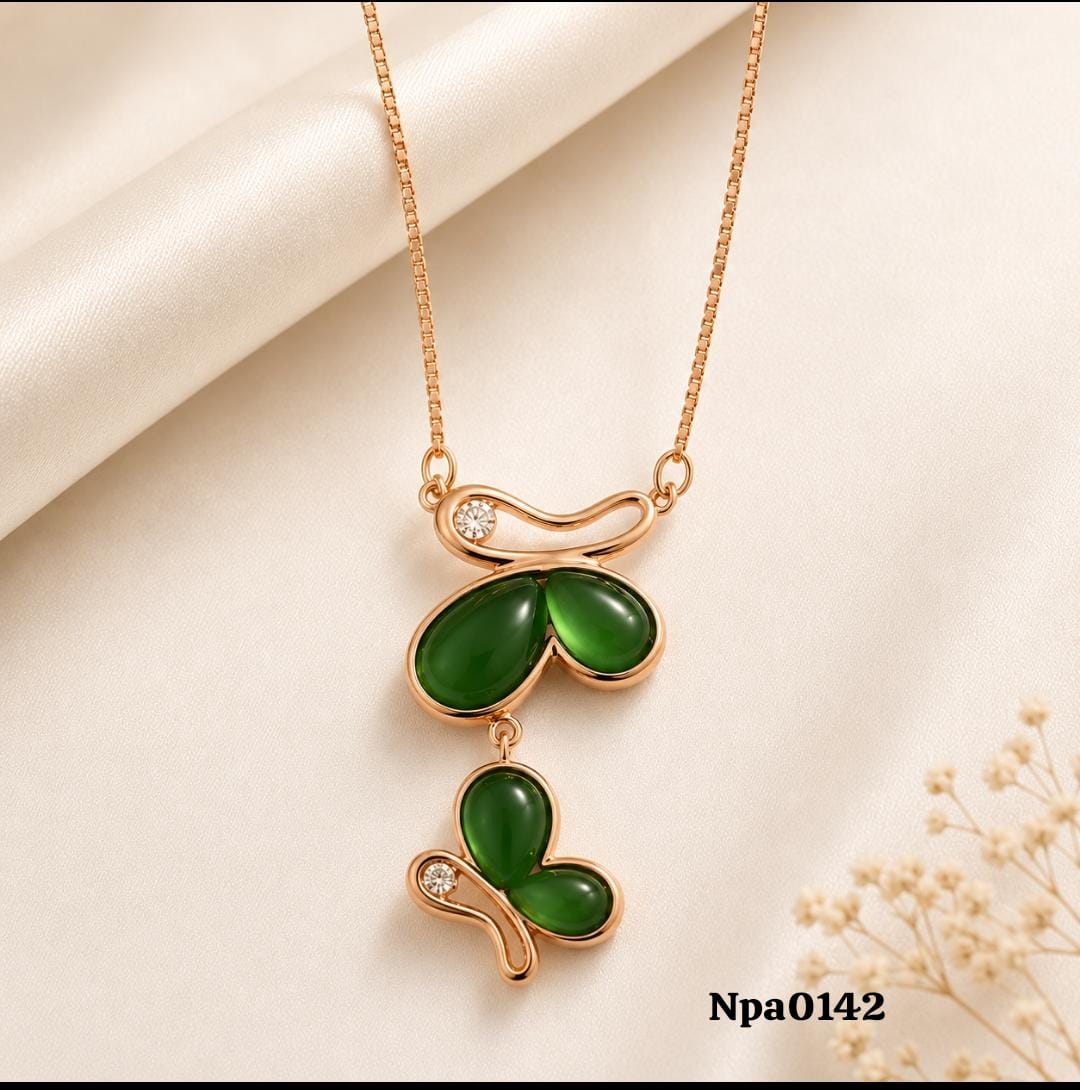 Gold Double Butterfly Pendant with Deep Green Jade Stones Necklace