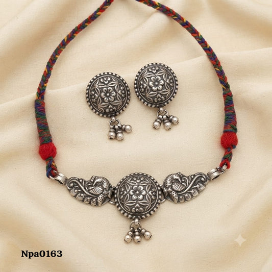 Floral and Peacock Motif Sterling Silver Choker Set