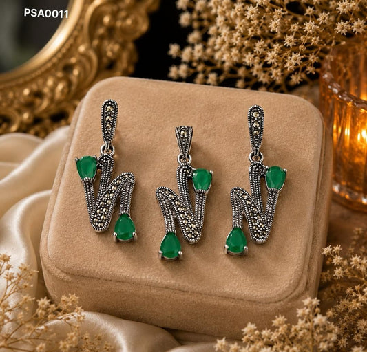 Emerald & Marcasite Wave Pendant Set