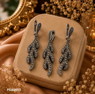 Marcasite Delicate Leaf Branch Pendant Set