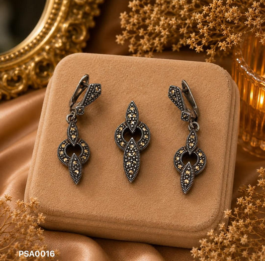 Marcasite Geometric Medallion Pendant Set