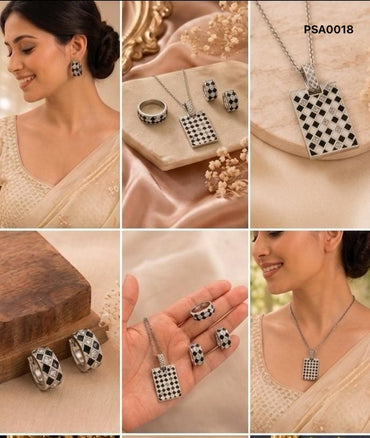Checkerboard Monochrome Enamel & CZ Set