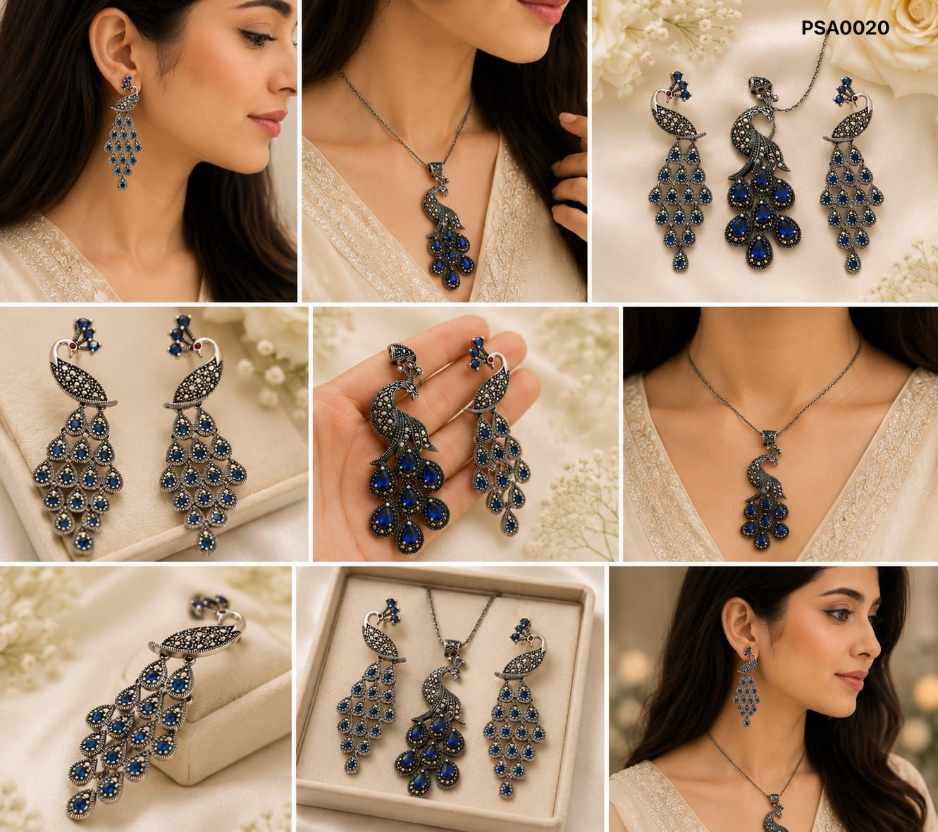 Peacock Motif Marcasite & Blue Stone Pendant Set