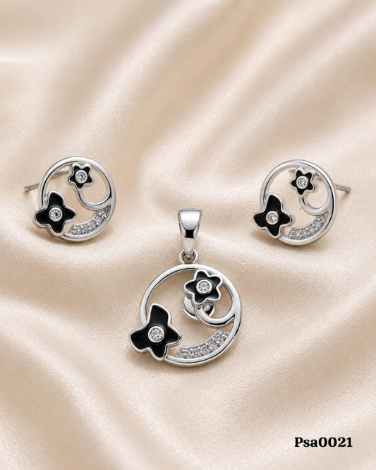 Floral & Butterfly Motif Sterling Silver Pendant Set