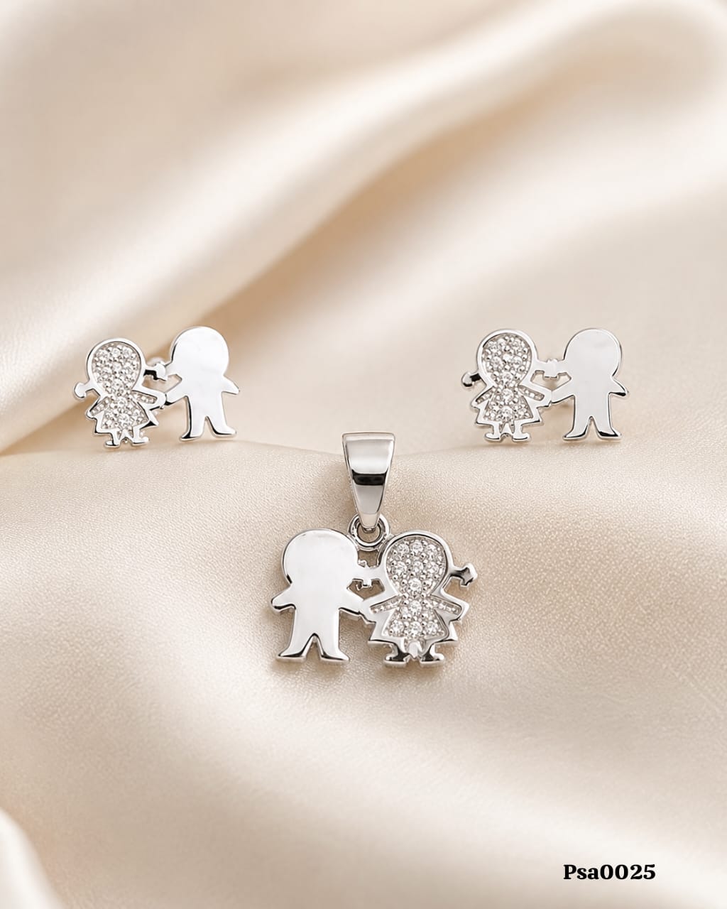 Boy and Girl Motif Sterling Silver Pendant Set