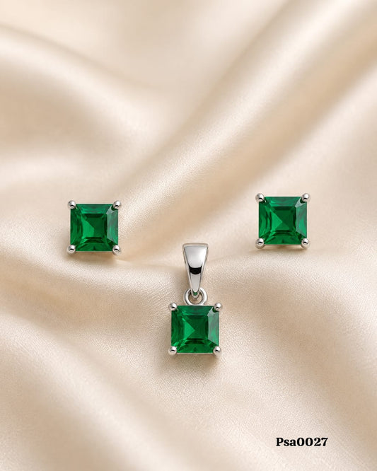 Square-Cut Green Stone Sterling Silver Pendant Set